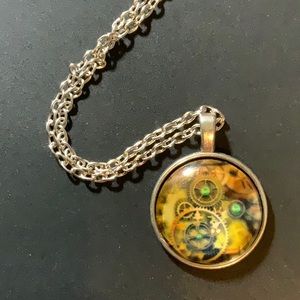 Silver Cabochon Necklace - Gears Steam Punk